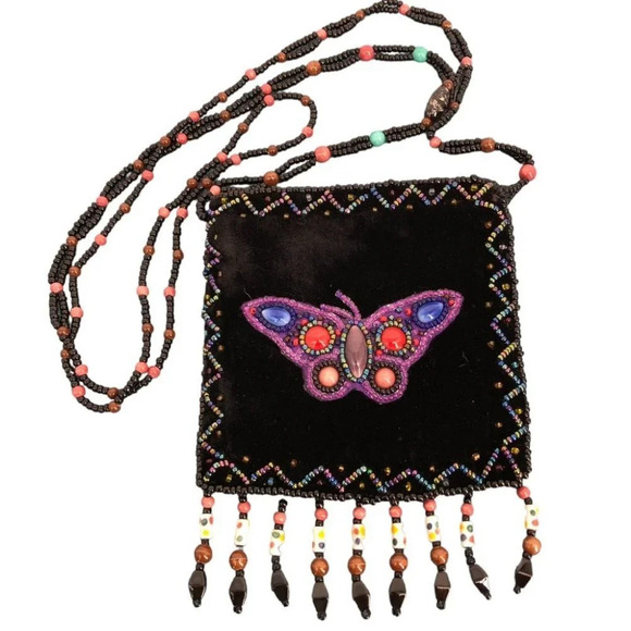 Handbags - Velvet Black Beaded Colorful Butterfly Mini Cross-shoulder Pouch Y2K Retro